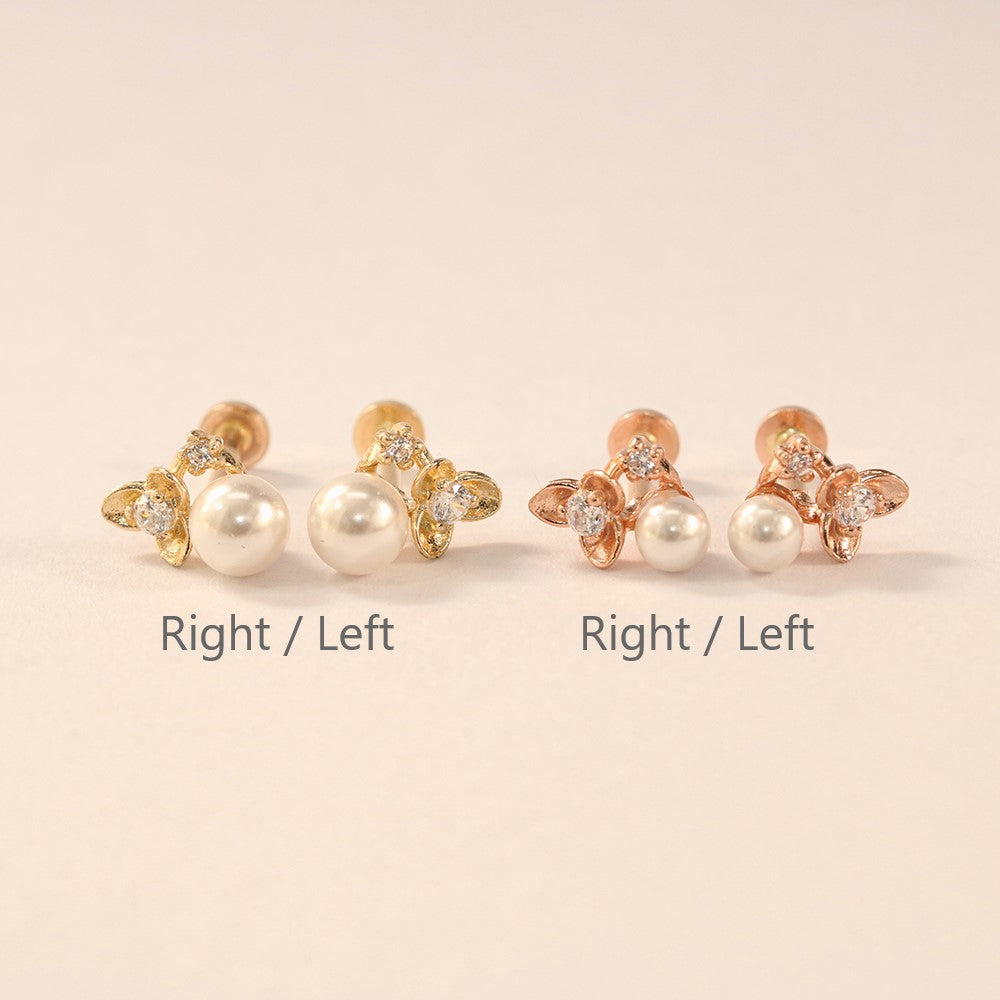 14K Gold Flower Pearl Internally Threaded Labret Piercing 18G16G