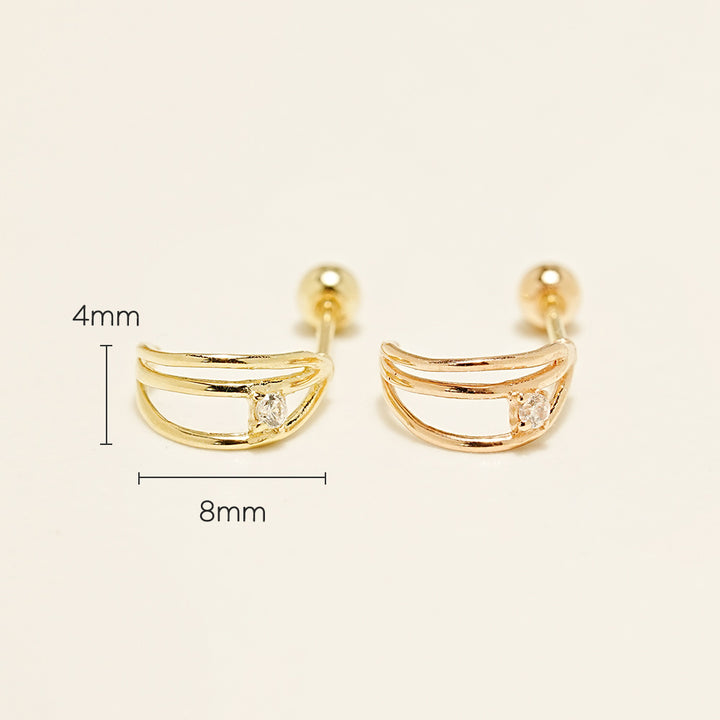 14K Gold Triple Cubic Line Ring Cartilage Earring 20G18G16G