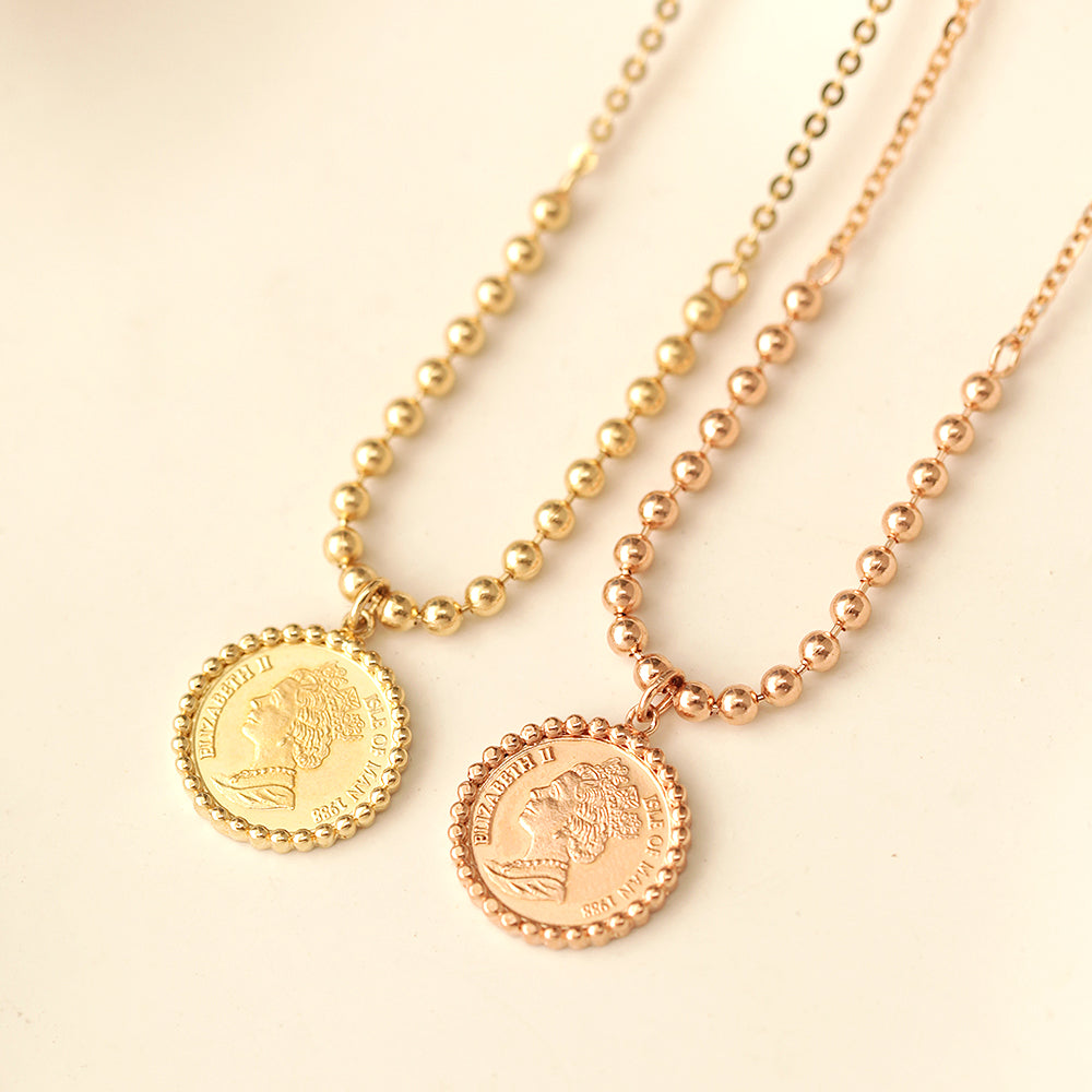 14K 18K Gold Elizabeth ball chain coin Necklace