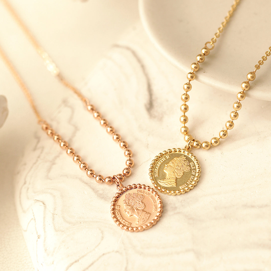 14K 18K Gold Elizabeth ball chain coin Necklace