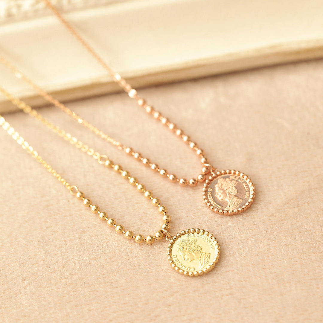 14K 18K Gold Elizabeth ball chain coin Necklace