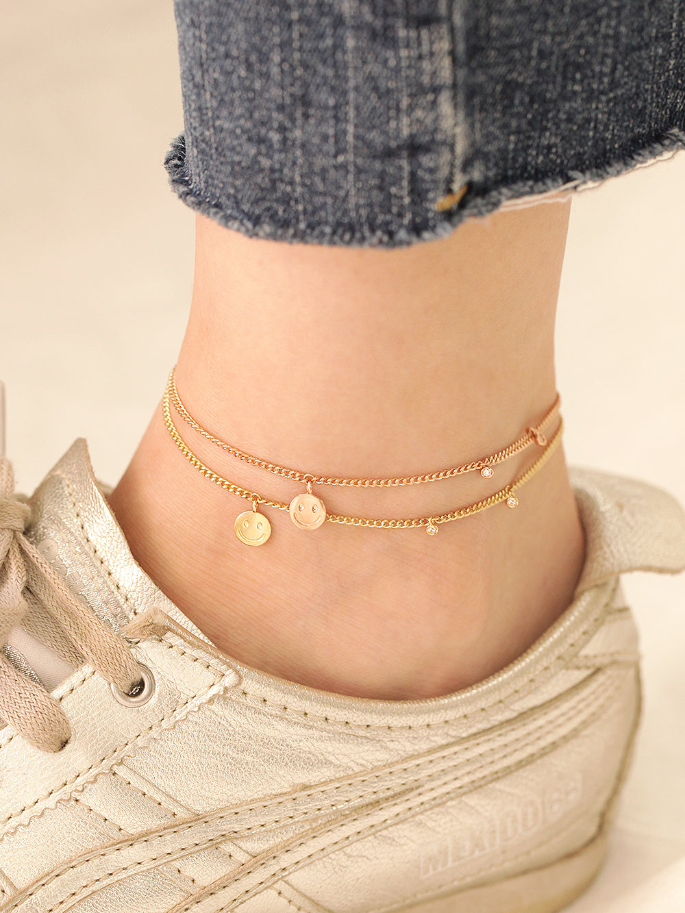 14K18K Gold Smile CZ Curved Chain Anklet