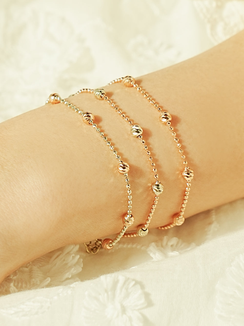 14K Two Tone Cutting Ball Chain Anklet Bracelet