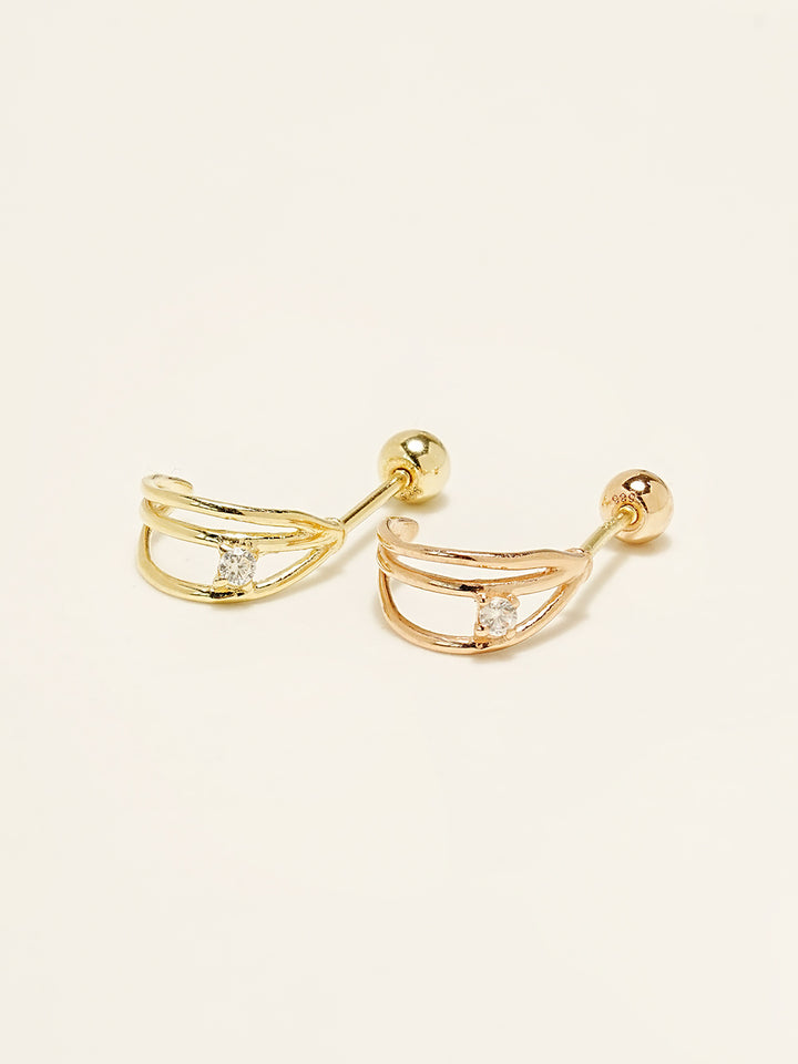 14K Gold Triple Cubic Line Ring Cartilage Earring 20G18G16G