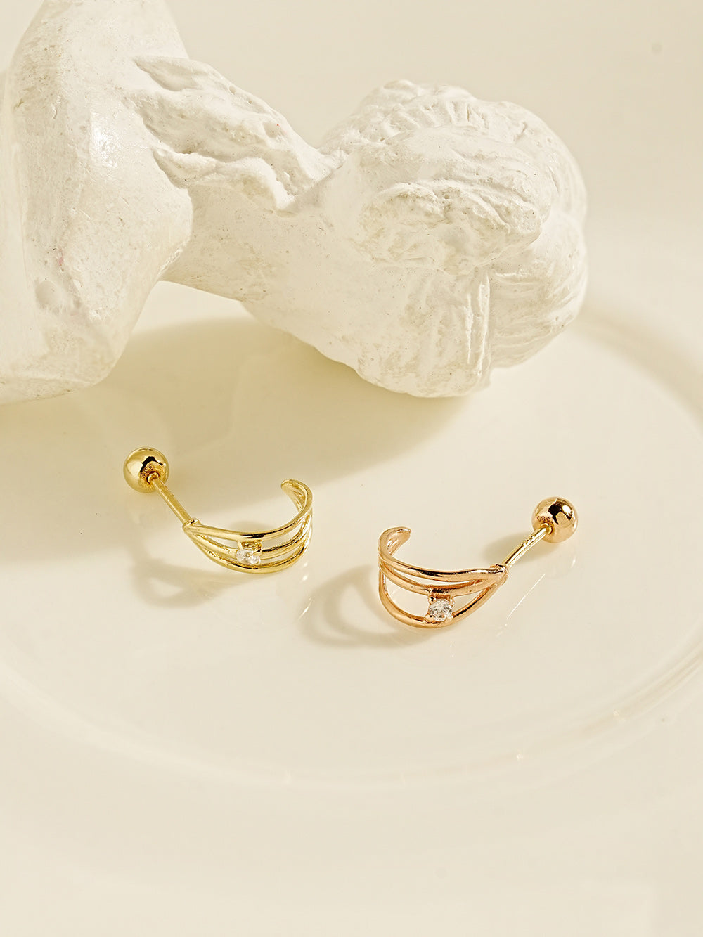 14K Gold Triple Cubic Line Ring Cartilage Earring 20G18G16G