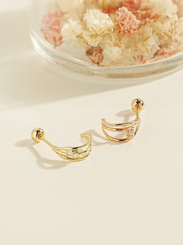 14K Gold Triple Cubic Line Ring Cartilage Earring 20G18G16G
