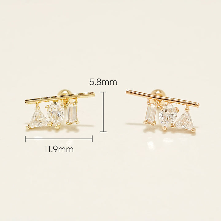 14K Gold Triple Cubic Bar Cartilage Earring 20G18G16G