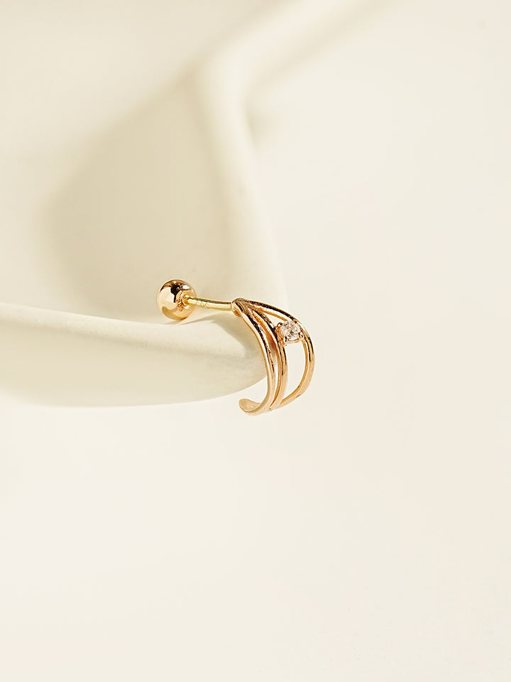 14K Gold Triple Cubic Line Ring Cartilage Earring 20G18G16G