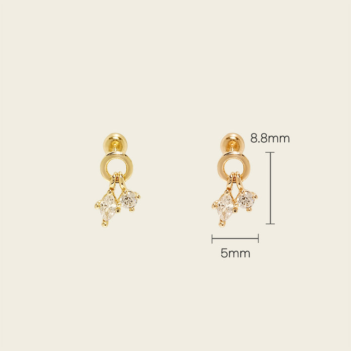 14K Gold Twin Cubic Drop Cartilage Earring 20G18G16G