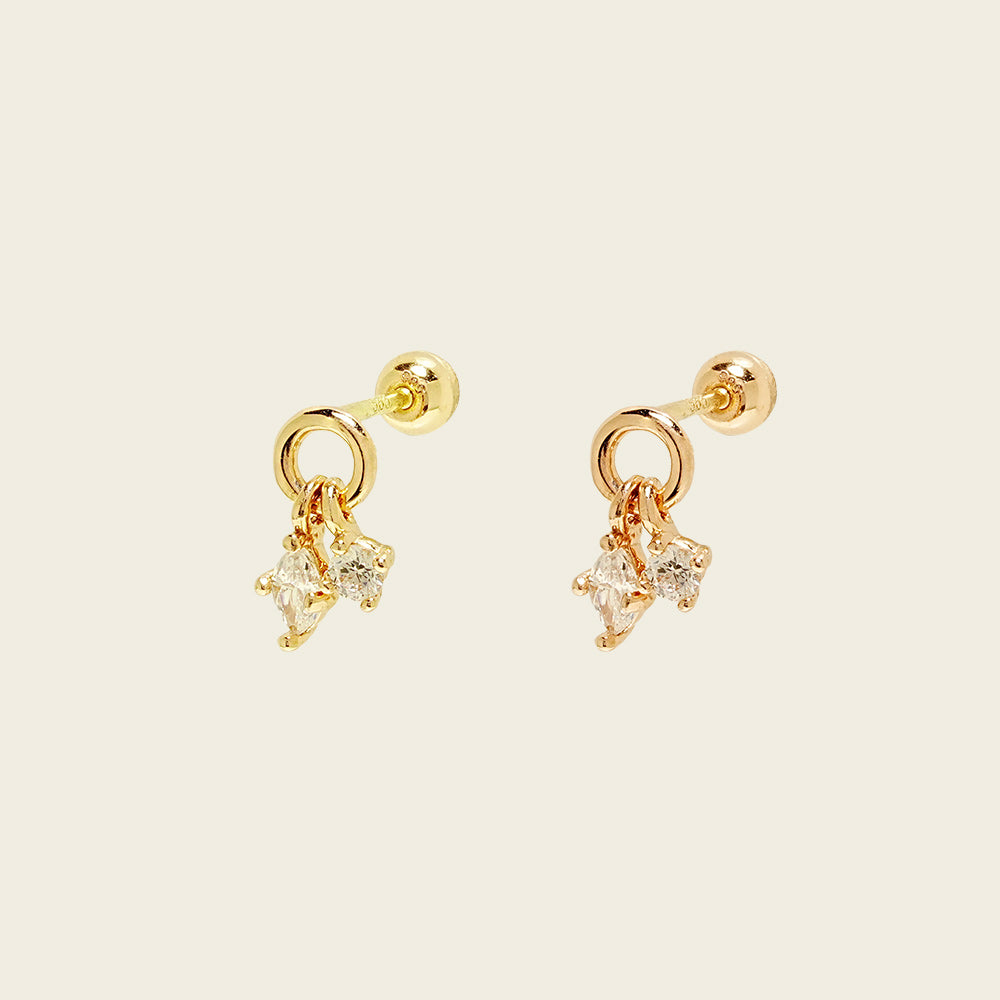 14K Gold Twin Cubic Drop Cartilage Earring 20G18G16G