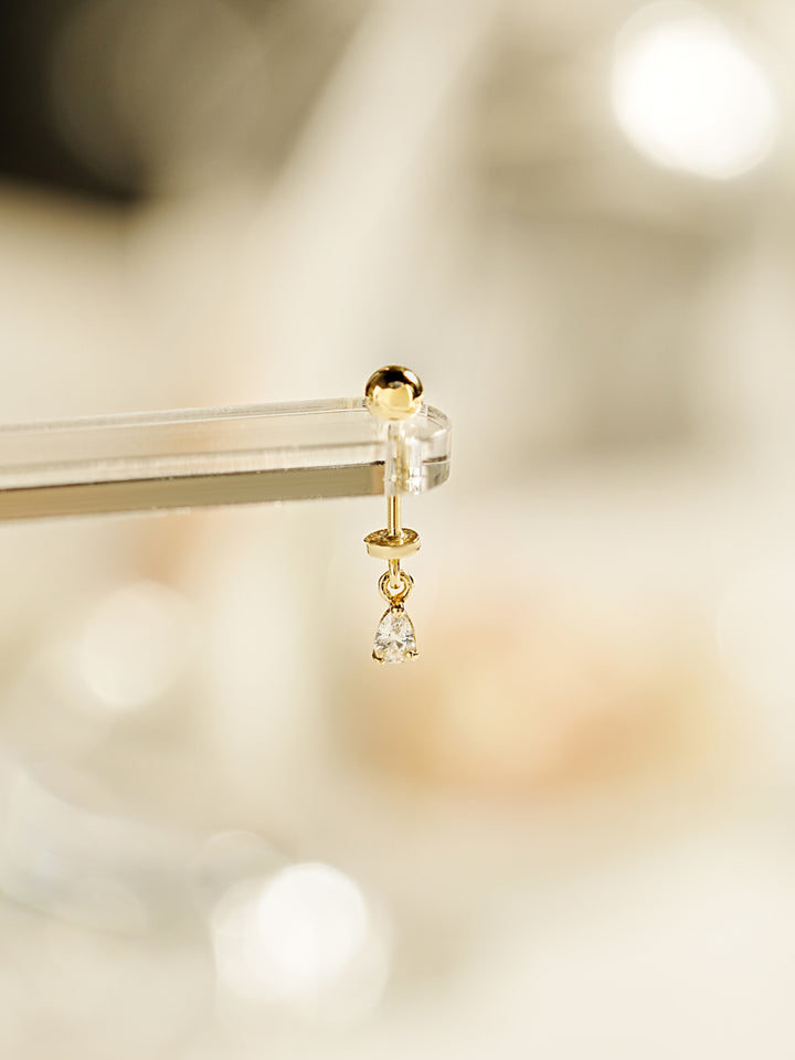 14K Gold Tiny Tear Cubic Drop Cartilage Earring 20G