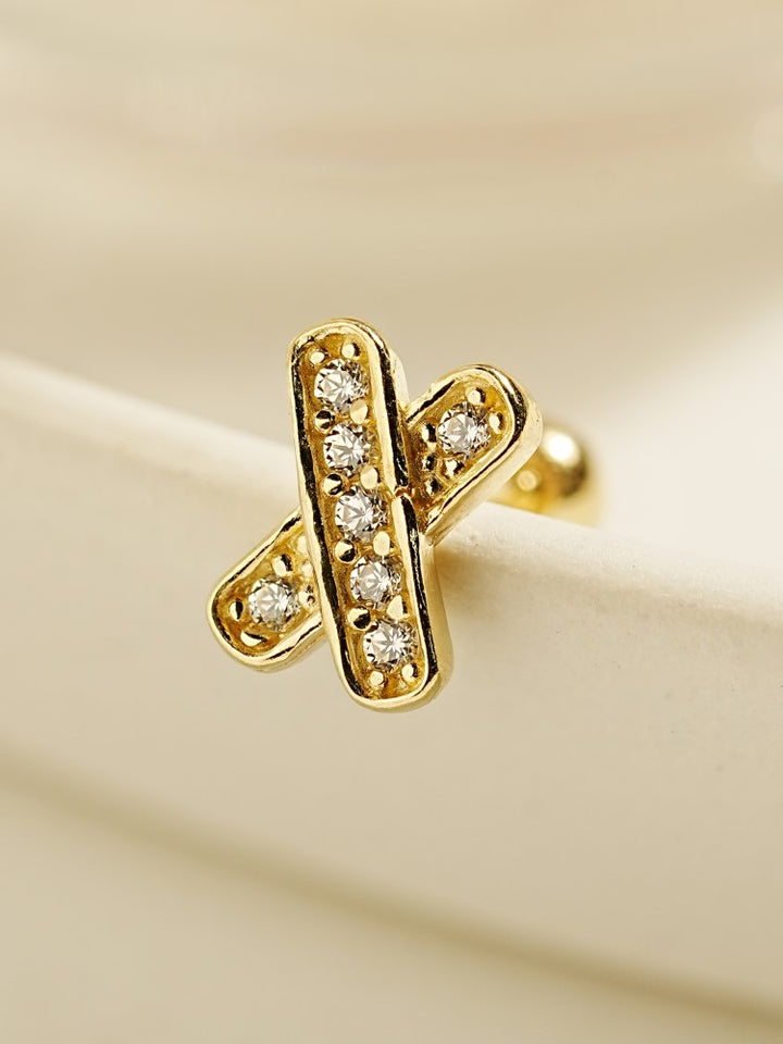 14K Gold Cubic Stick Cross Cartilage Earring 20G