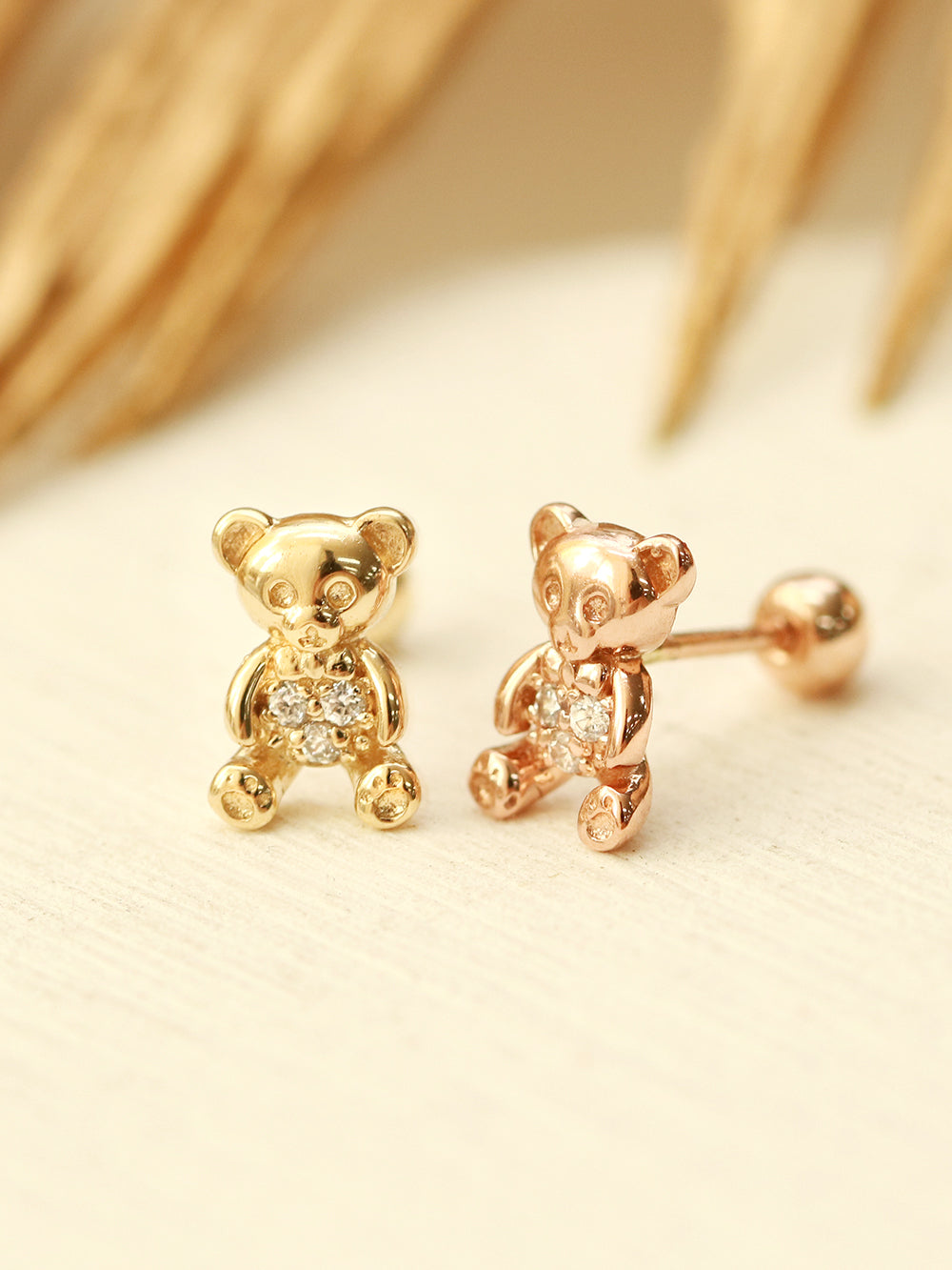 14K Gold CZ Ribbon Bear Cartilage Earring 20G18G16G