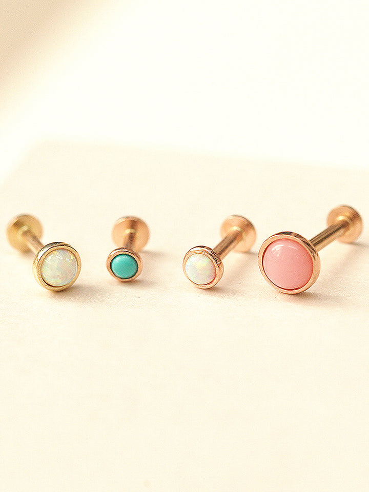 14K Gold Round Opal Internally Threaded Labret Piercing 18G16G