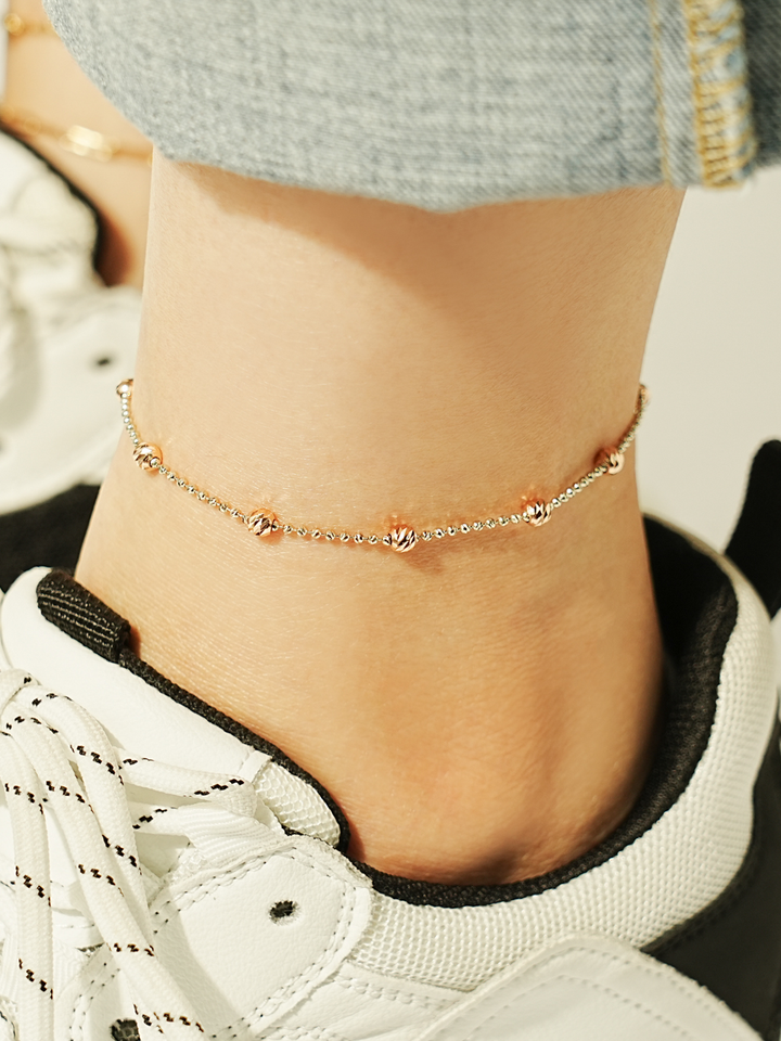 14K Two Tone Cutting Ball Chain Anklet Bracelet