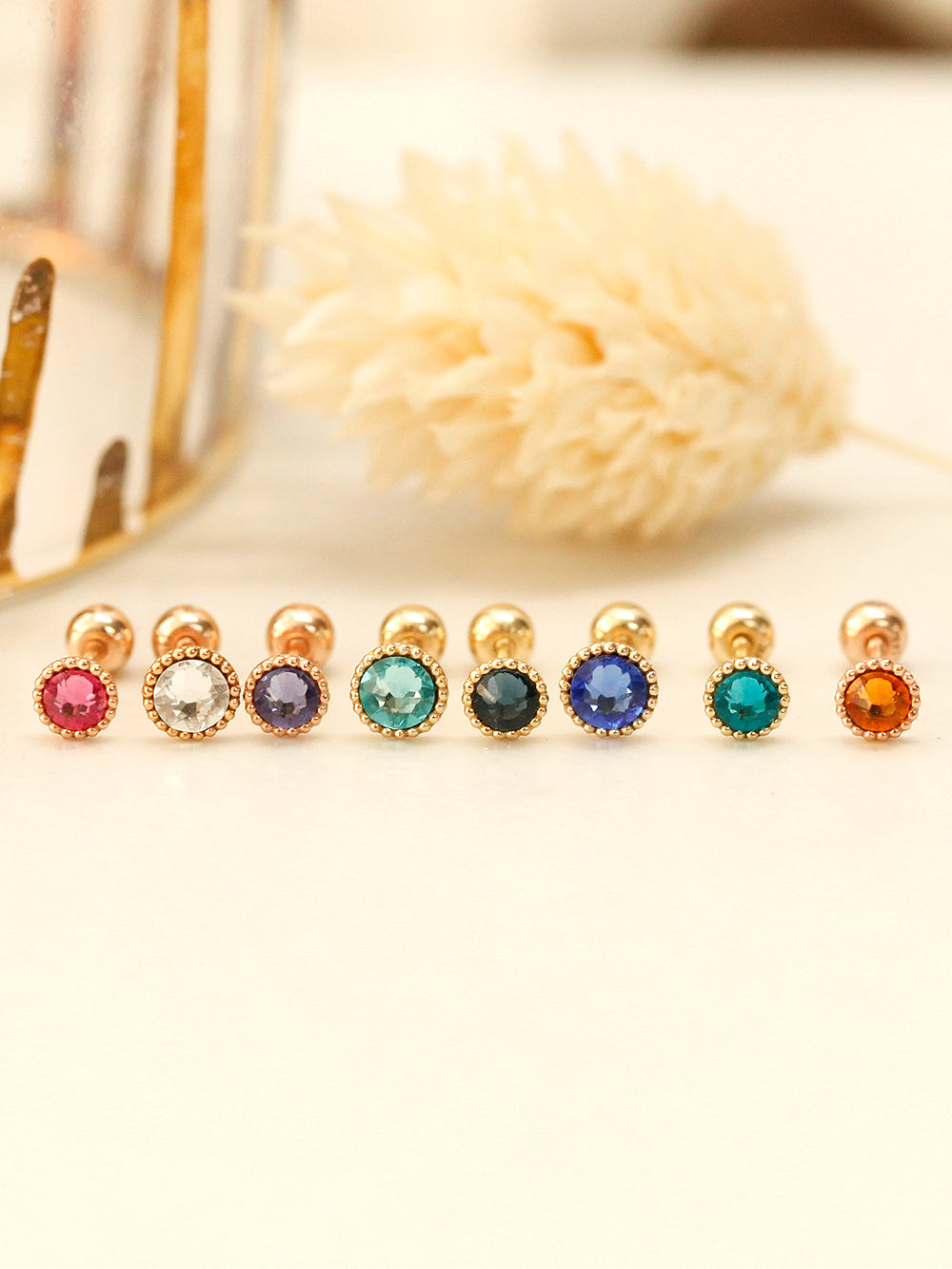 14K Gold Stone Flower Ball Cartilage Earring 20G18G16G