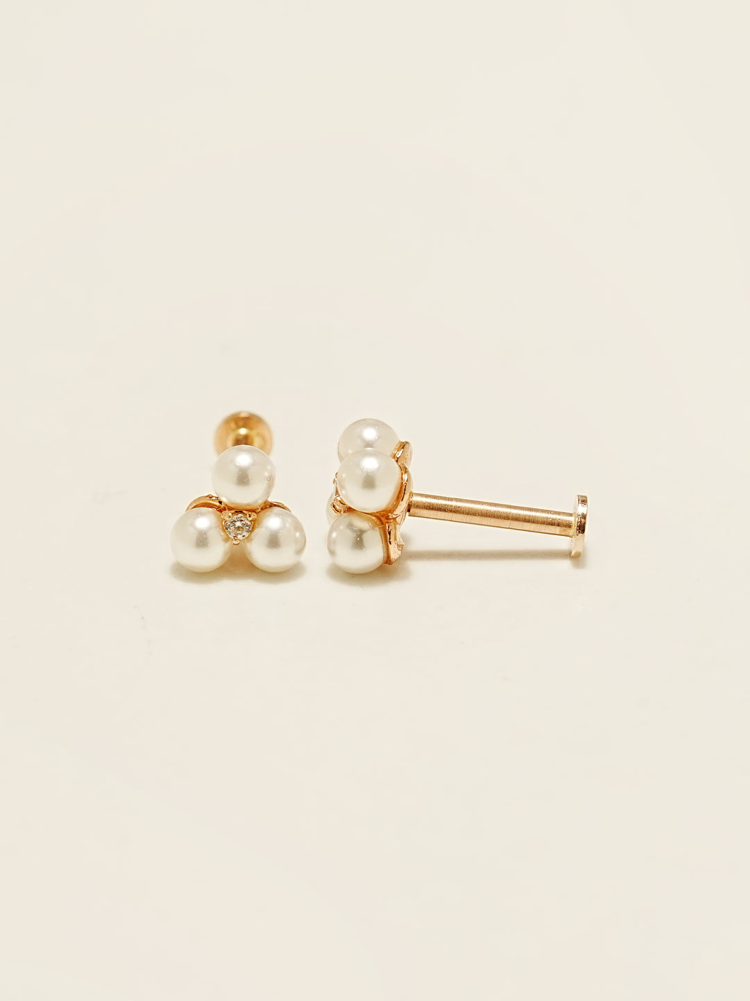 14K Gold Three, Four Pearl Cubic Internally Threaded Labret Piercing 18G16G