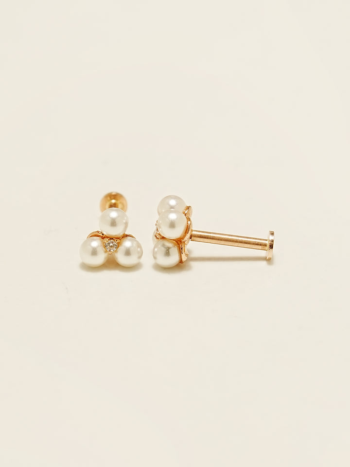 14K Gold Three, Four Pearl Cubic Internally Threaded Labret Piercing 18G16G