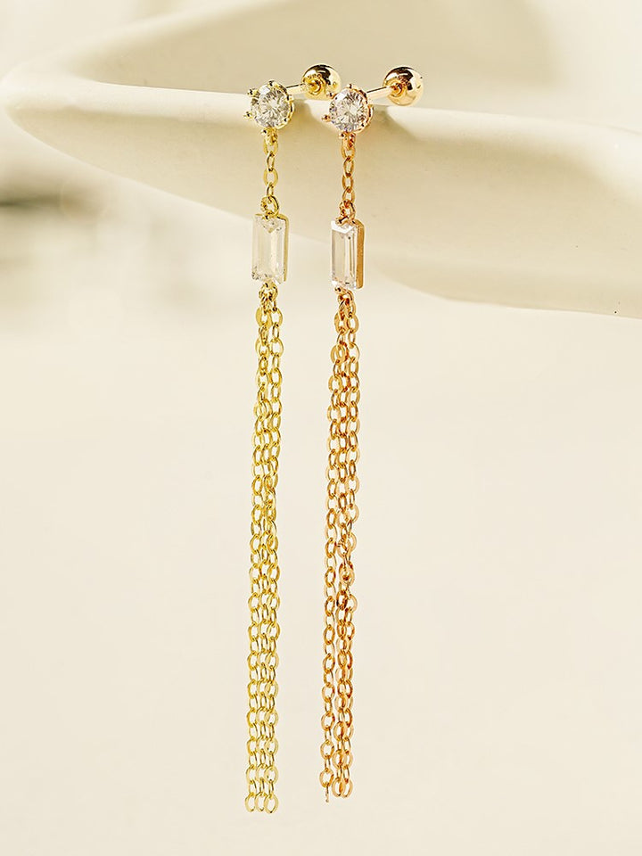 14K Gold Square Cubic Long Drop Chain Cartilage Earring 20G