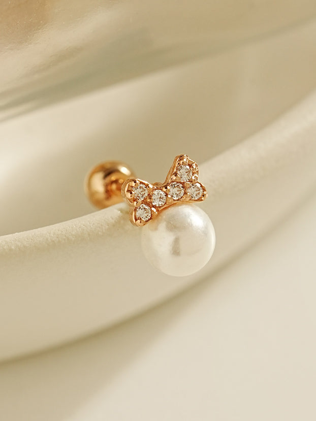 14K Gold Bow Tie Pearl Cartilage Earring 20G