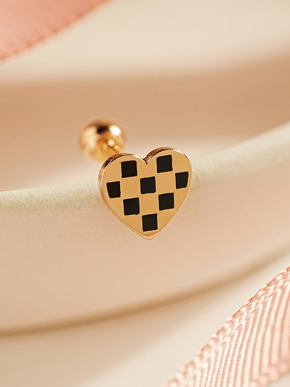 14K Gold Heart Checker Board Cartilage Earring 20G