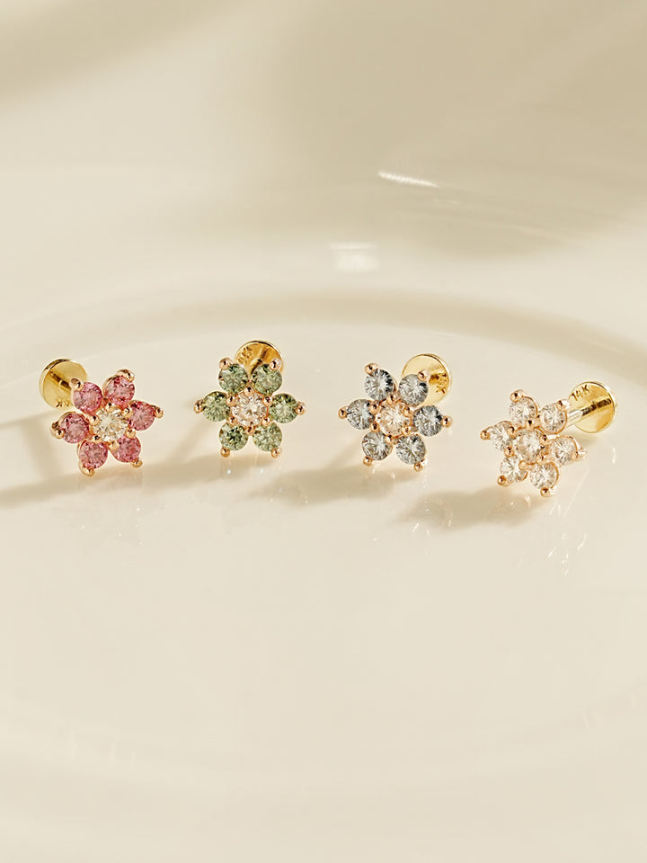 14K Gold Moissanite Colored Lovely Flower Internally Threaded Labret Piercing 20G18G16G