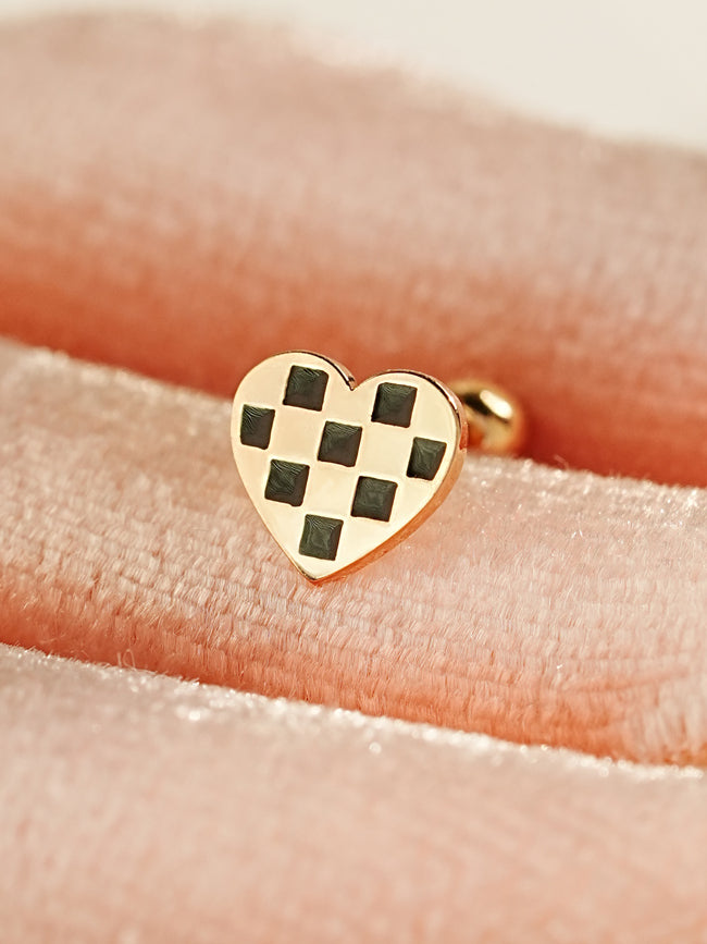 14K Gold Heart Checker Board Cartilage Earring 20G