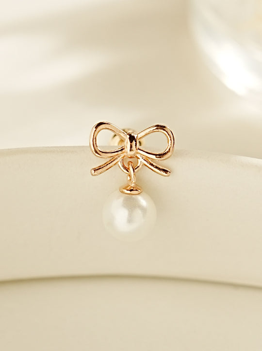 14K Gold Ribbon Pearl Drop Cartilage Earring 20G