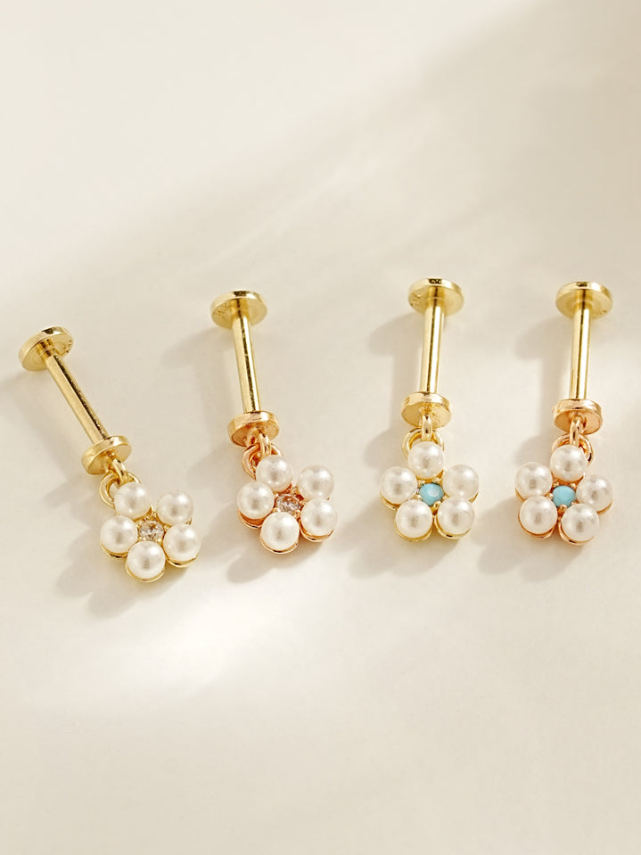 14K Gold Pearl Flower Cubic Drop Internally Threaded Labret Piercing 20G18G16G