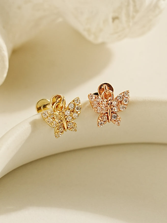 14K Gold Cubic Bling Butterfly Drop Internally Threaded Labret Piercing 20G18G16G