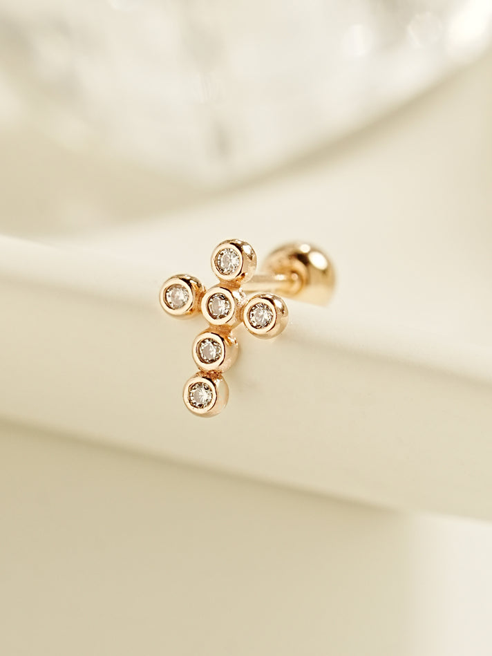 14K Gold Dotted Cross Cartilage Earring 20G