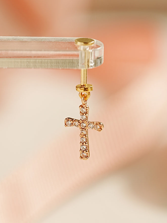 14K Gold Modern Cubic Cross Drop Internally Threaded Labret Piercing 20G18G16G