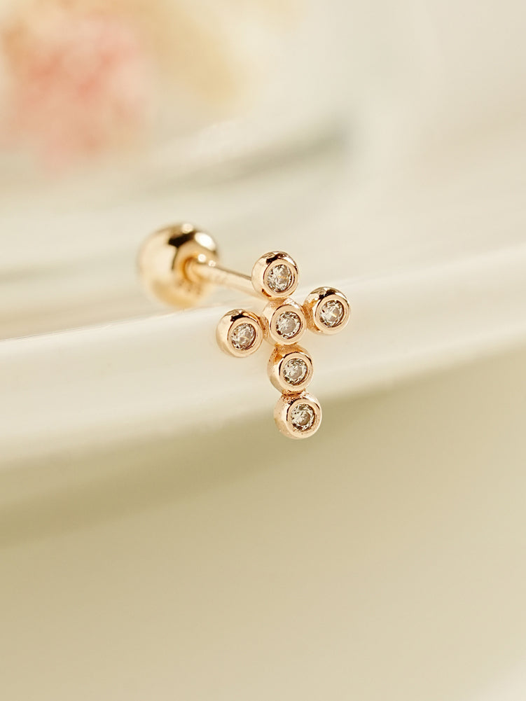 14K Gold Dotted Cross Cartilage Earring 20G