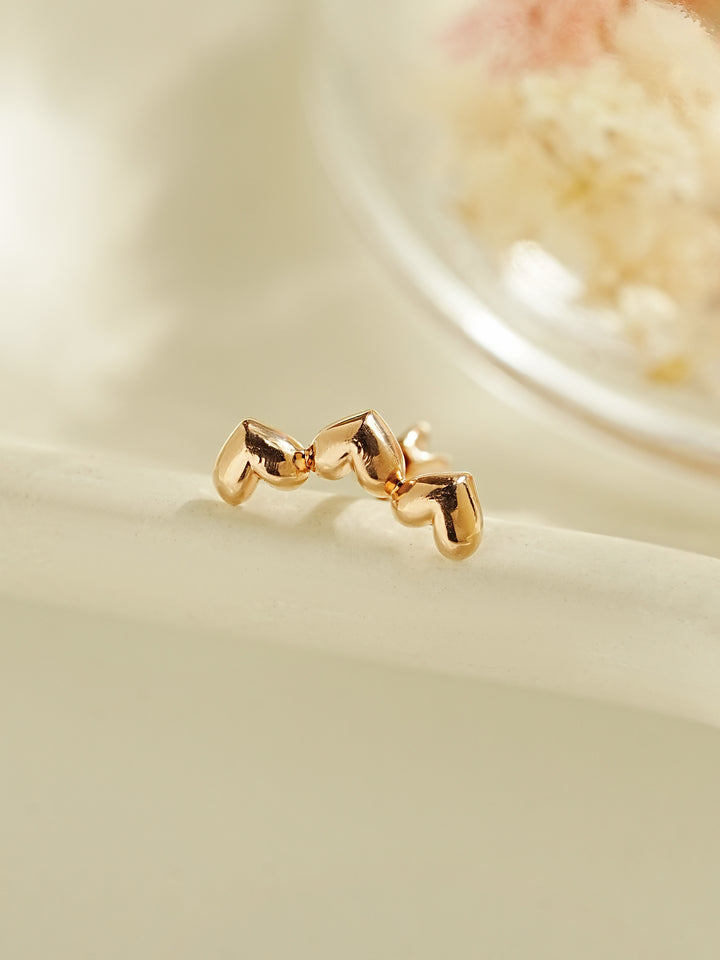 14K Gold Triple Volume Heart Cartilage Earring 18G16G