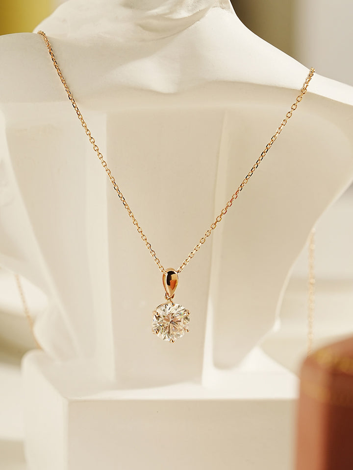 14K Gold 2 Carats Moissanite Dia Six Prong Pendant and Necklace