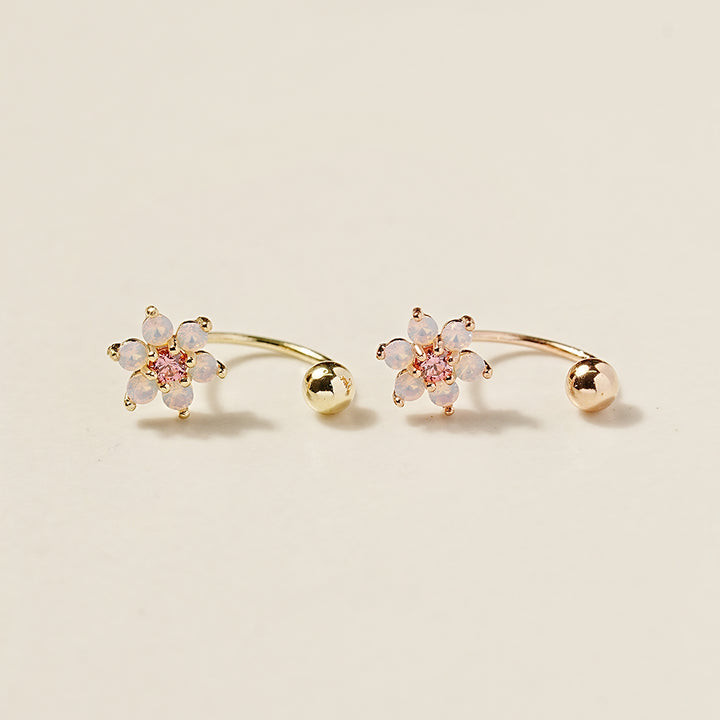 14K Gold Pink Opal Flower Curve Piercing 20G