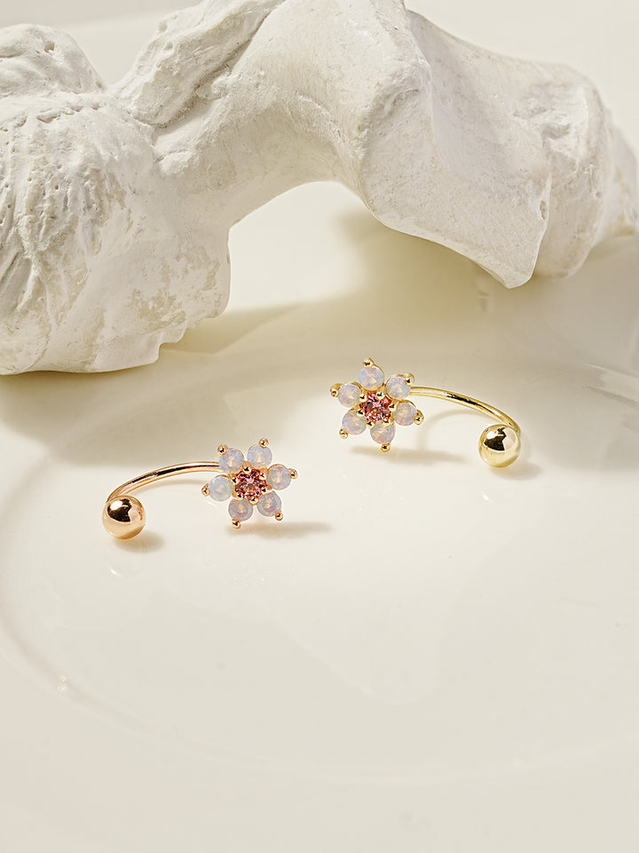 14K Gold Pink Opal Flower Curve Piercing 20G