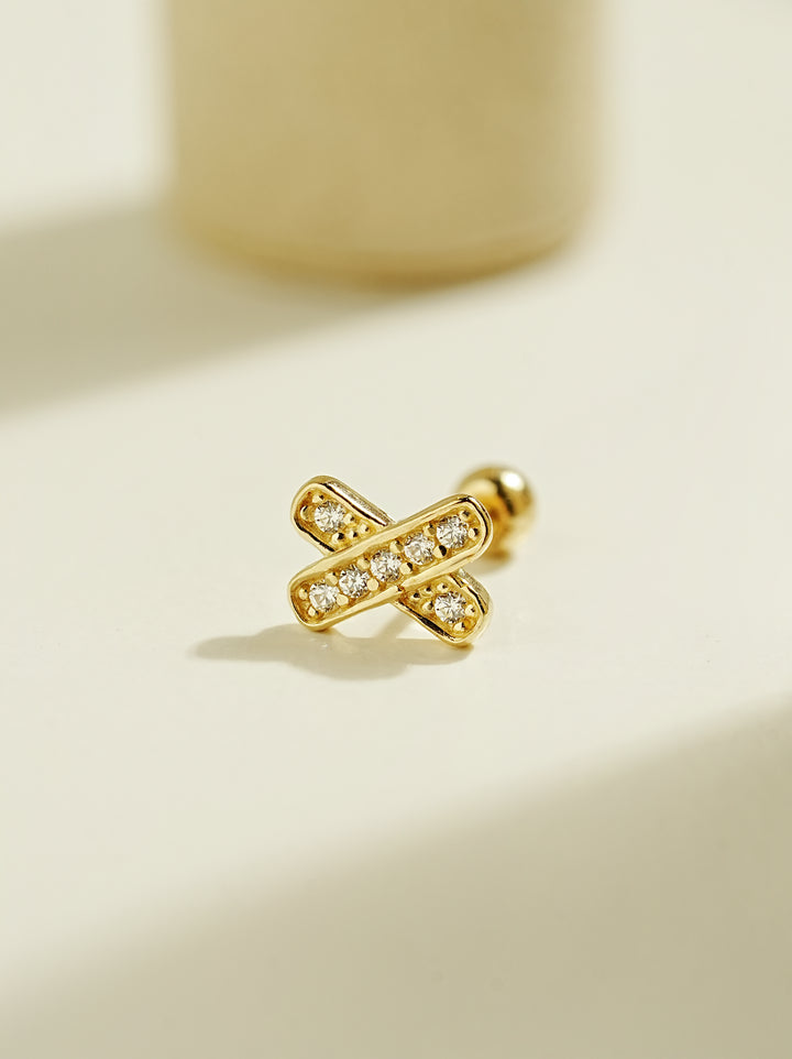 14K Gold Cubic Stick Cross Cartilage Earring 20G