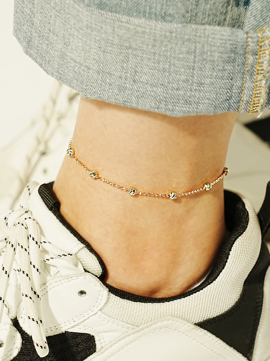 14K Two Tone Cutting Ball Chain Anklet Bracelet