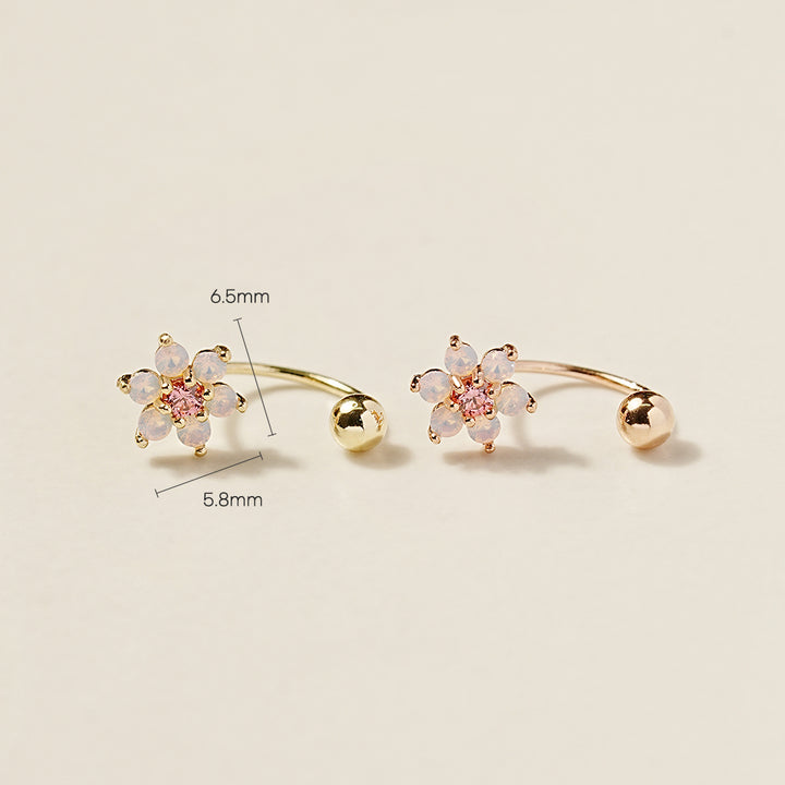 14K Gold Pink Opal Flower Curve Piercing 20G