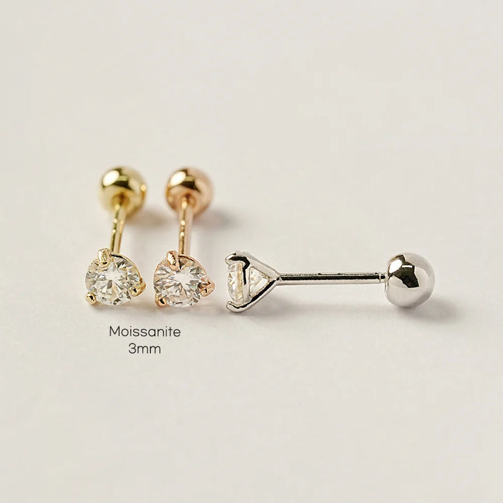 14K Gold 3 Pronged Moissanite Internally Threaded Labret Piercing 20G18G16