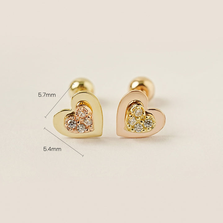 14K Gold Double Fold Cubic Heart Cartilage Earring 20G