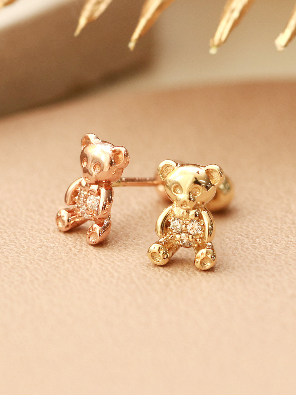 14K Gold CZ Ribbon Bear Cartilage Earring 20G18G16G