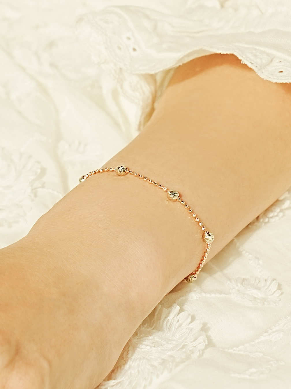 14K Two Tone Cutting Ball Chain Anklet Bracelet