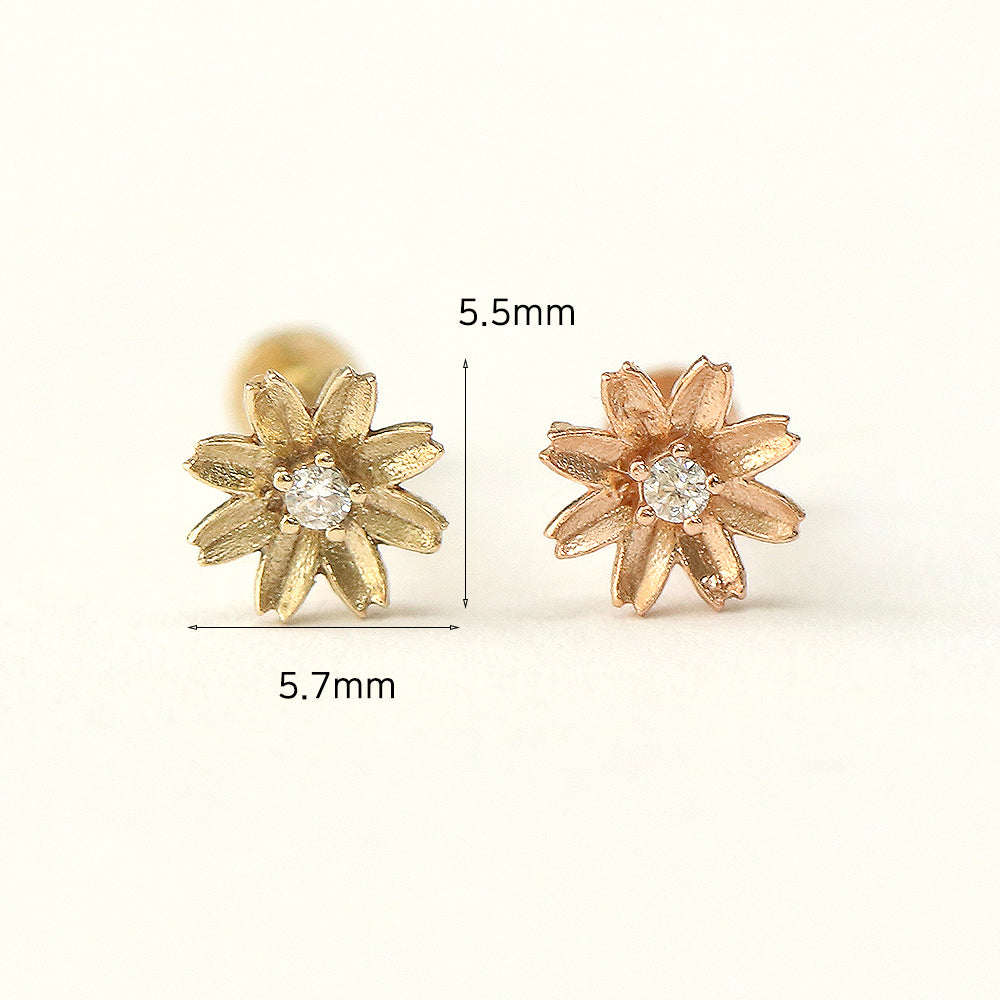 14K Gold Sculpture Flower Cubic Internally Threaded Labret Piercing 18G16G