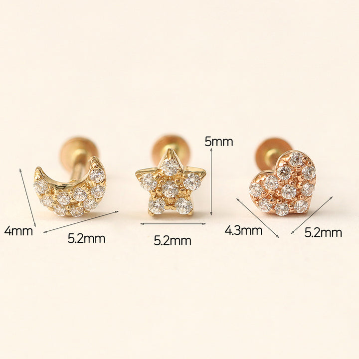 14K Gold CZ Volume Moon, Star, Heart Internally Threaded Labret Piercing 18G16G