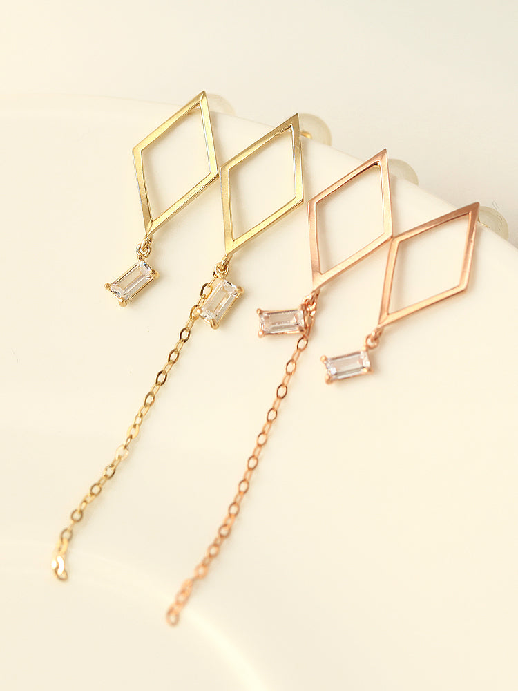 14K Gold Dia Square Threader Drop Earring 20g