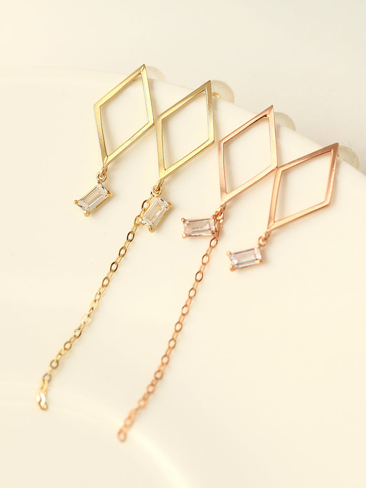 14K Gold Dia Square Threader Drop Earring 20g