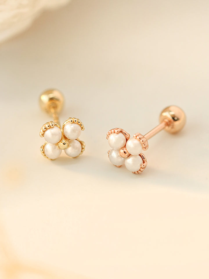 14K Gold Pearl Clover Cartilage Earring 20G