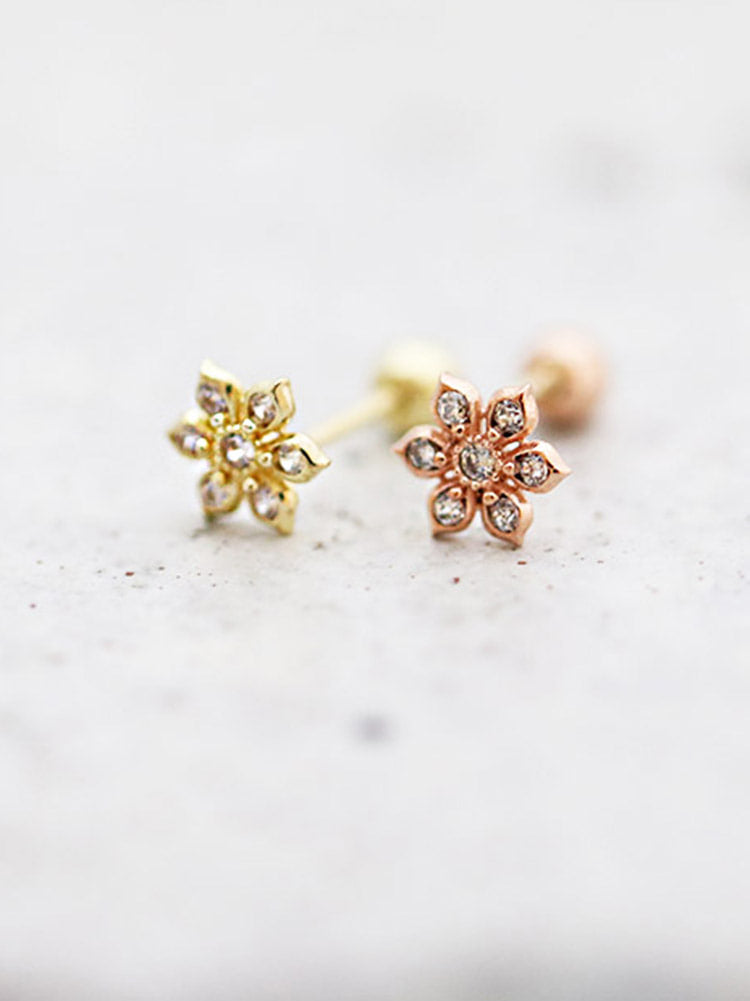 14K Gold Dainty CZ Flower cartilage earring 20g